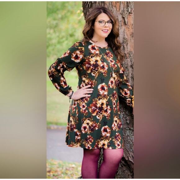 R&K Floral Long Sleeve Dress Size 10 Fall Green - Picture 4 of 6